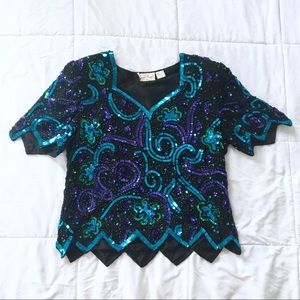 80s 100% Silk Sequin Vintage Top Floral Crop